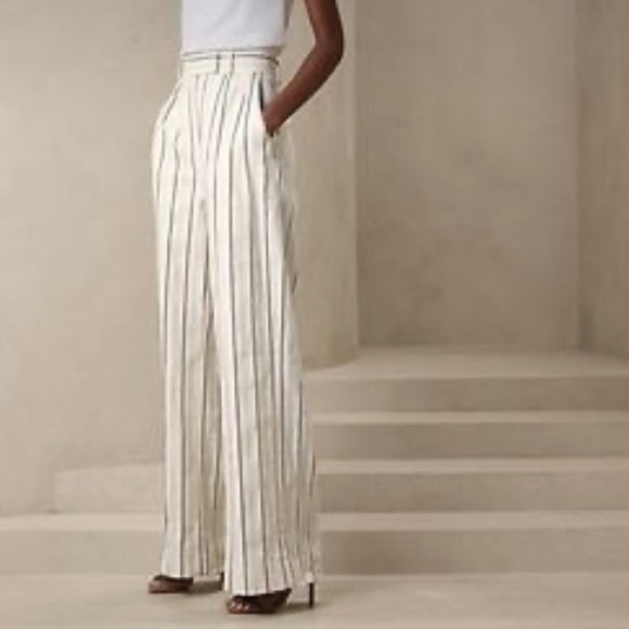 Banana Republic Alva Linen Cotton Wide Leg High Waist Pant Size 14 White Striped - Picture 2 of 15